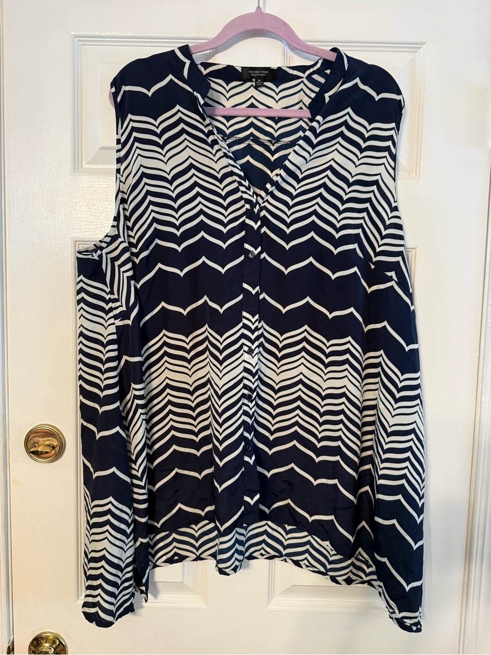Spense Navy & White Chevron Sleeveless V-Neck Blouse